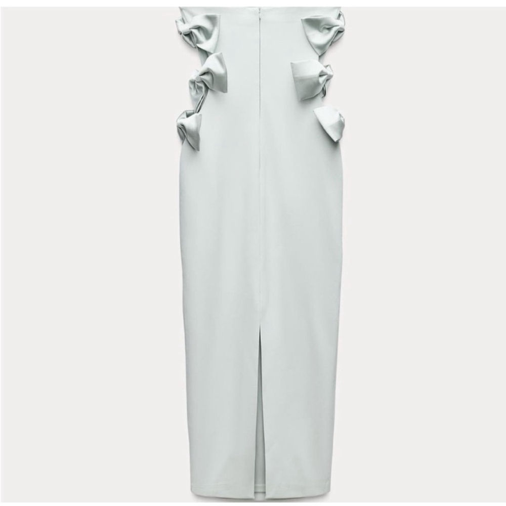 Bloggers Fave Zara Bow Dress, Size S Light Blue Green Sage - Picture 5 of 11